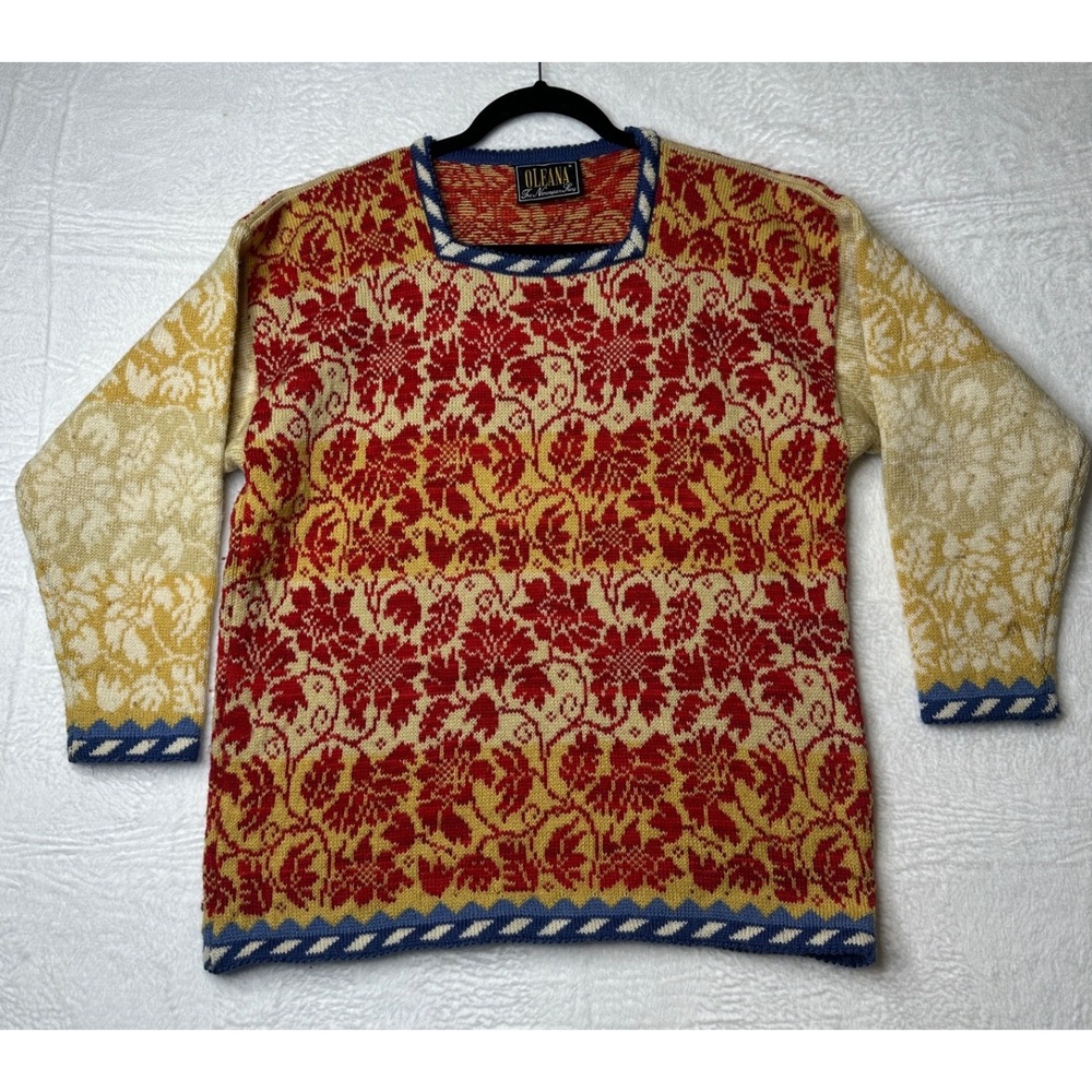 Oleana The Norwegian Story Sweater Red Yellow Floral Fair Isle Wool Silk Small